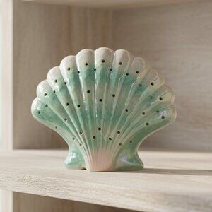 Vintage Lustreware Sea Shell Figurine Lamp Base Seafoam Green Iridescent Scallop